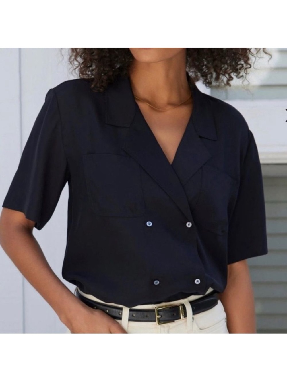 AYR Black Doppio Double Breasted Button Up Silk Shirt Top Womens Blouse